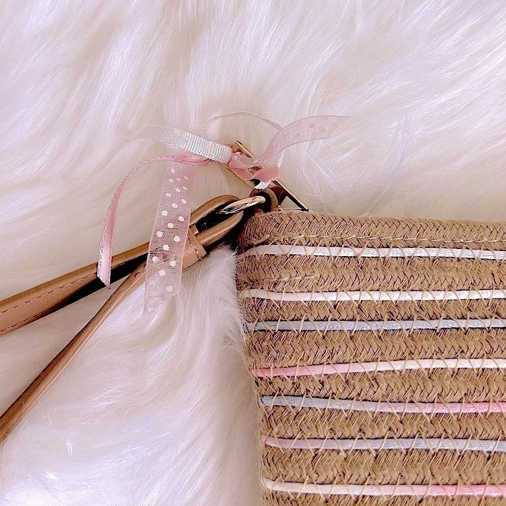 Woven Rattan Clutch Purse/Jewelry Bag with Pink and Blue Ribbon **Like New**
